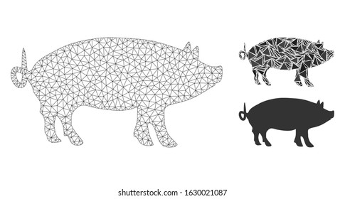 Mesh pig model with triangle mosaic icon. Wire carcass polygonal mesh of pig. Vector mosaic of triangle elements in different sizes, and color tones. Abstract flat mesh pig,