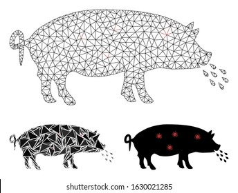 Mesh pig plague model with triangle mosaic icon. Wire carcass triangular mesh of pig plague. Vector mosaic of triangle parts in different sizes, and color tones. Abstract flat mesh pig plague,
