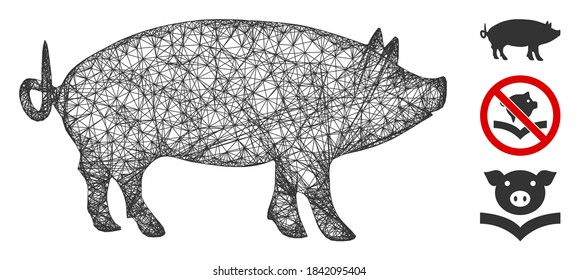 Mesh pig polygonal web icon vector illustration. Model is based on pig flat icon. Triangular mesh forms abstract pig flat model. wireframe 2D polygonal line network isolated on a white background.