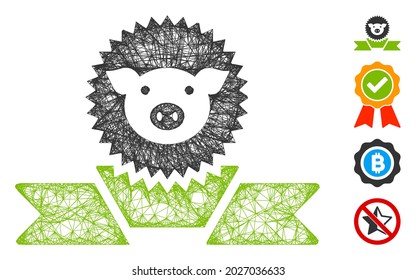 Mesh pig reward ribbon web icon vector illustration. Carcass model is created from pig reward ribbon flat icon. Mesh forms abstract pig reward ribbon flat model.