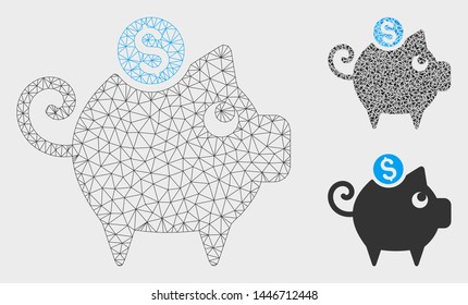 Mesh piggy bank model with triangle mosaic icon. Wire carcass polygonal mesh of piggy bank. Vector mosaic of triangle elements in various sizes, and color hues. Abstract 2d mesh piggy bank,