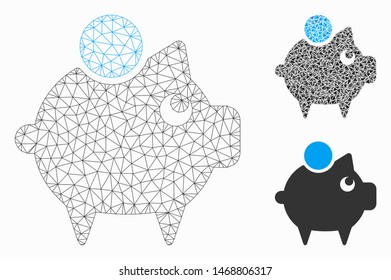 Mesh piggy bank model with triangle mosaic icon. Wire frame polygonal network of piggy bank. Vector mosaic of triangle parts in variable sizes, and color shades. Abstract flat mesh piggy bank,