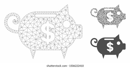 Mesh piggy bank model with triangle mosaic icon. Wire frame polygonal mesh of piggy bank. Vector collage of triangle elements in variable sizes, and color shades. Abstract 2d mesh piggy bank,
