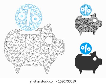 Mesh piggy bank model with triangle mosaic icon. Wire carcass polygonal mesh of piggy bank. Vector collage of triangle elements in different sizes, and color tones. Abstract flat mesh piggy bank,