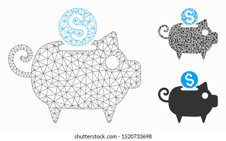 Mesh piggy bank model with triangle mosaic icon. Wire carcass triangular mesh of piggy bank. Vector composition of triangle elements in variable sizes, and color tinges. Abstract flat mesh piggy bank,