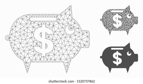 Mesh piggy bank model with triangle mosaic icon. Wire frame polygonal network of piggy bank. Vector mosaic of triangle elements in different sizes, and color hues. Abstract 2d mesh piggy bank,