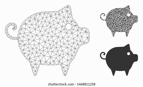 Mesh piggy model with triangle mosaic icon. Wire frame triangular mesh of piggy. Vector mosaic of triangle elements in different sizes, and color tinges. Abstract 2d mesh piggy,