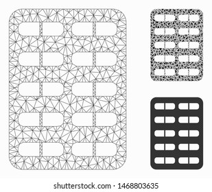 Mesh pill blister model with triangle mosaic icon. Wire frame triangular mesh of pill blister. Vector collage of triangle elements in variable sizes, and color tones. Abstract flat mesh pill blister,