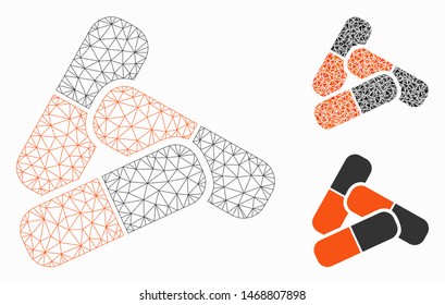 Mesh pills model with triangle mosaic icon. Wire carcass triangular network of pills. Vector collage of triangle parts in various sizes, and color tints. Abstract 2d mesh pills,