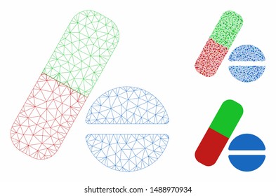 Mesh pills model with triangle mosaic icon. Wire frame triangular mesh of pills. Vector mosaic of triangle elements in various sizes, and color hues. Abstract 2d mesh pills,