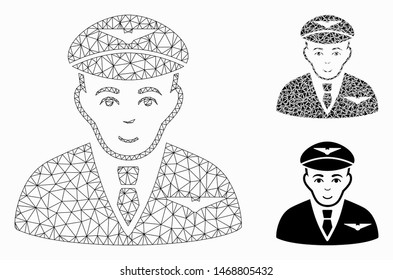 Mesh pilot model with triangle mosaic icon. Wire frame triangular mesh of pilot. Vector mosaic of triangle parts in variable sizes, and color tinges. Abstract 2d mesh pilot, designed with triangles.