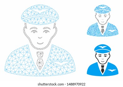 Mesh pilot model with triangle mosaic icon. Wire frame triangular mesh of pilot. Vector mosaic of triangle elements in variable sizes, and color shades. Abstract flat mesh pilot,