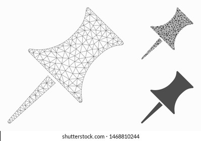 Mesh pin model with triangle mosaic icon. Wire carcass polygonal mesh of pin. Vector collage of triangles in different sizes, and color tints. Abstract 2d mesh pin, designed with polygonal grid.