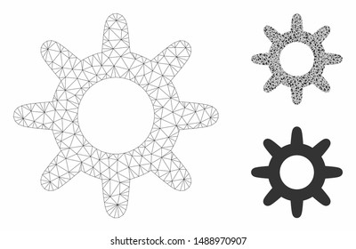 Mesh pinion model with triangle mosaic icon. Wire carcass polygonal mesh of pinion. Vector mosaic of triangle elements in different sizes, and color hues. Abstract flat mesh pinion,