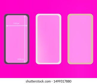 Mesh, pink colored phone backgrounds kit. separated groups, easy to edit EPS. Plain screen design set, isolated background. Minimal backdrop. 2436x1125 ratio.