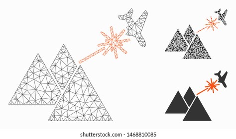 Mesh piramides strike airplane model with triangle mosaic icon. Wire carcass polygonal mesh of piramides strike airplane. Vector collage of triangle parts in variable sizes, and color shades.