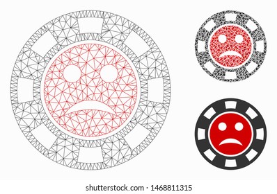 Mesh pity casino chip model with triangle mosaic icon. Wire carcass polygonal mesh of pity casino chip. Vector mosaic of triangle elements in different sizes, and color shades.