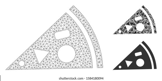 Mesh pizza piece model with triangle mosaic icon. Wire carcass polygonal mesh of pizza piece. Vector mosaic of triangle parts in various sizes, and color tones. Abstract 2d mesh pizza piece,