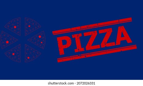 Mesh pizza polygonal icon vector illustration, and red PIZZA rough rubber print. Carcass model is based on pizza flat icon, with stars and triangle net. PIZZA tag is between parallel lines.