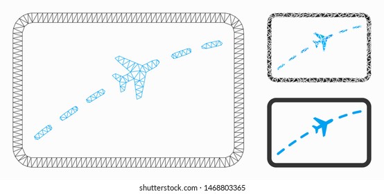 Mesh plane route model with triangle mosaic icon. Wire frame polygonal mesh of plane route. Vector mosaic of triangle elements in various sizes, and color tints. Abstract flat mesh plane route,