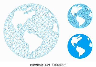 Mesh planet Earth model with triangle mosaic icon. Wire carcass polygonal mesh of planet Earth. Vector composition of triangle parts in various sizes, and color tinges.