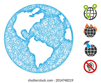 Mesh planet Earth web icon vector illustration. Carcass model is created from planet Earth flat icon. Network forms abstract planet Earth flat model.
