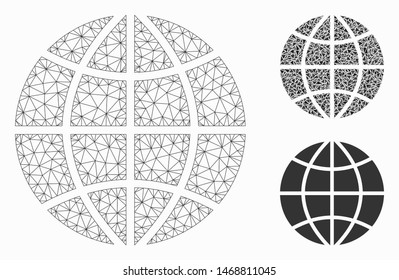 Mesh planet globe model with triangle mosaic icon. Wire carcass polygonal mesh of planet globe. Vector mosaic of triangle parts in variable sizes, and color shades. Abstract flat mesh planet globe,