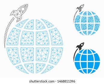 Mesh planet satellite launch model with triangle mosaic icon. Wire carcass polygonal network of planet satellite launch. Vector mosaic of triangle parts in variable sizes, and color tones.