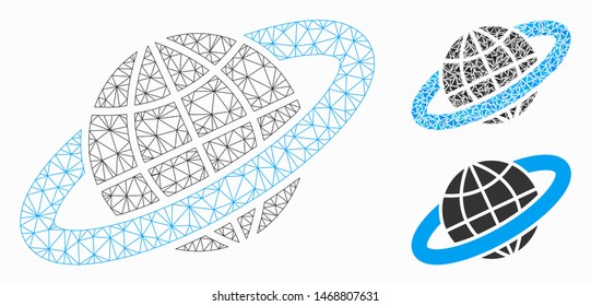 Mesh planetary ring model with triangle mosaic icon. Wire frame polygonal mesh of planetary ring. Vector mosaic of triangle parts in variable sizes, and color tones. Abstract 2d mesh planetary ring,