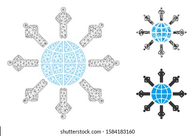 Mesh planetary society model with triangle mosaic icon. Wire carcass triangular mesh of planetary society. Vector composition of triangle elements in various sizes, and color hues.