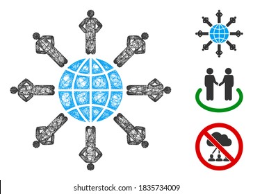 Mesh planetary society polygonal web symbol vector illustration. Carcass model is based on planetary society flat icon. Triangle mesh forms abstract planetary society flat carcass.