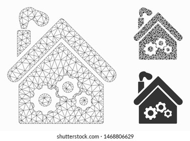 Mesh plant building model with triangle mosaic icon. Wire frame polygonal mesh of plant building. Vector mosaic of triangle elements in variable sizes, and color tints.