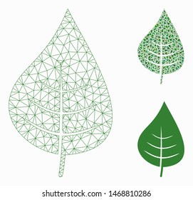 Mesh plant leaf model with triangle mosaic icon. Wire frame polygonal mesh of plant leaf. Vector mosaic of triangles in various sizes, and color tints. Abstract 2d mesh plant leaf,