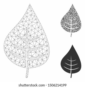 Mesh plant leaf model with triangle mosaic icon. Wire frame triangular mesh of plant leaf. Vector mosaic of triangle elements in different sizes, and color tints. Abstract flat mesh plant leaf,