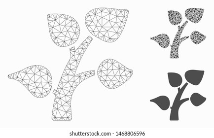 Mesh plant sprout model with triangle mosaic icon. Wire carcass polygonal mesh of plant sprout. Vector mosaic of triangle parts in different sizes, and color shades. Abstract 2d mesh plant sprout,