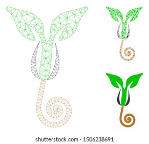 Mesh plant sprout model with triangle mosaic icon. Wire carcass polygonal mesh of plant sprout. Vector collage of triangle elements in different sizes, and color tints.