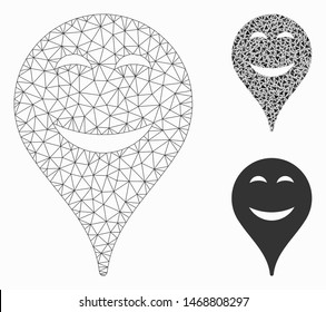 Mesh pleasure smiley map marker model with triangle mosaic icon. Wire carcass triangular mesh of pleasure smiley map marker. Vector composition of triangles in different sizes, and color hues.