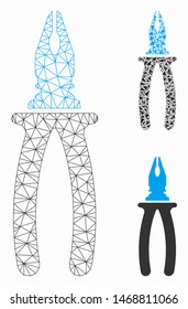 Mesh pliers model with triangle mosaic icon. Wire carcass triangular mesh of pliers. Vector composition of triangle elements in various sizes, and color shades. Abstract 2d mesh pliers,