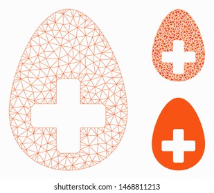Mesh plus egg model with triangle mosaic icon. Wire frame polygonal mesh of plus egg. Vector mosaic of triangle parts in various sizes, and color tones. Abstract flat mesh plus egg,