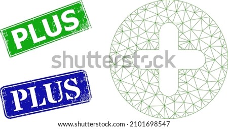 Mesh plus model, and Plus blue and green rectangle textured badges. Mesh wireframe image based on plus pictogram. Stamps include Plus text inside rectangle shape.