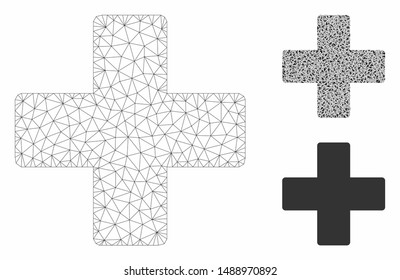 Mesh plus model with triangle mosaic icon. Wire carcass polygonal network of plus. Vector mosaic of triangle parts in variable sizes, and color tinges. Abstract 2d mesh plus,
