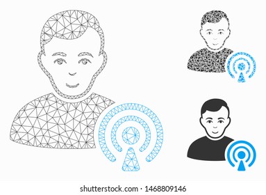 Mesh podcast creator model with triangle mosaic icon. Wire frame triangular mesh of podcast creator. Vector collage of triangle parts in different sizes, and color shades.