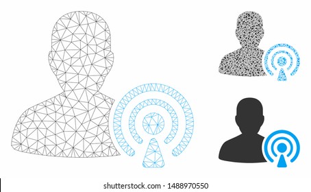 Mesh podcast creator model with triangle mosaic icon. Wire carcass polygonal mesh of podcast creator. Vector collage of triangle elements in variable sizes, and color hues.