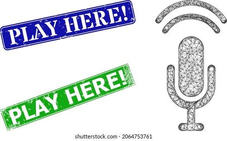 Mesh podcast image, and Play Here warn blue and green rectangle corroded seal imitations. Mesh wireframe image is designed with podcast pictogram.