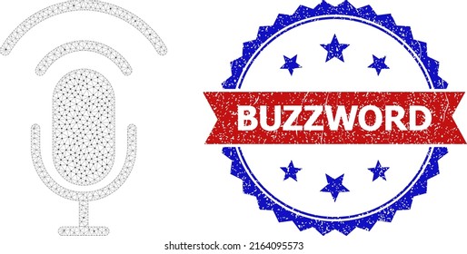 Mesh podcast model illustration, and bicolor dirty Buzzword seal stamp. Mesh wireframe symbol designed with podcast pictogram. Vector imprint with Buzzword tag inside red ribbon and blue rosette,