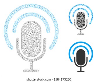 Mesh podcast model with triangle mosaic icon. Wire carcass triangular mesh of podcast. Vector mosaic of triangle elements in different sizes, and color tones. Abstract 2d mesh podcast,