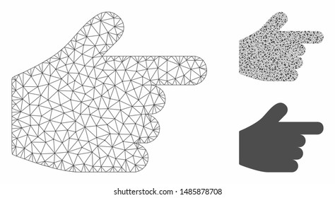Mesh pointer finger model with triangle mosaic icon. Wire frame triangular mesh of pointer finger. Vector mosaic of triangle parts in different sizes, and color tinges.