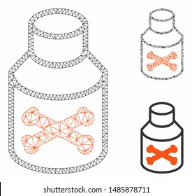 Mesh poison bottle model with triangle mosaic icon. Wire carcass triangular mesh of poison bottle. Vector mosaic of triangles in variable sizes, and color tinges. Abstract flat mesh poison bottle,