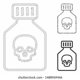 Mesh poison phial model with triangle mosaic icon. Wire carcass triangular mesh of poison phial. Vector mosaic of triangle parts in different sizes, and color hues. Abstract 2d mesh poison phial,