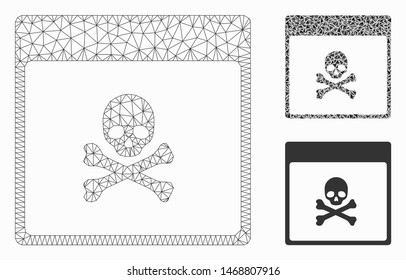 Mesh poison skull calendar page model with triangle mosaic icon. Wire frame triangular mesh of poison skull calendar page. Vector mosaic of triangles in variable sizes, and color tints.